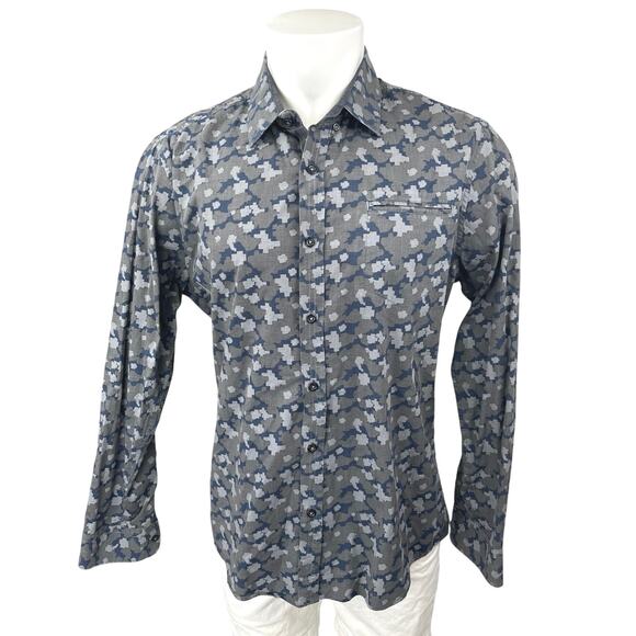 7 Diamonds Men's Gray Geometric Long Sleeve Button Down Dress Shirt Top Size L - Picture 1 of 4